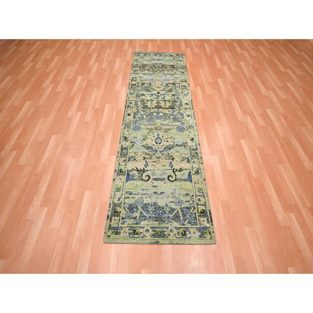 2'8" x 8'3" New Hand Knotted Green Wool Runner Oriental Rug - MOA10275720