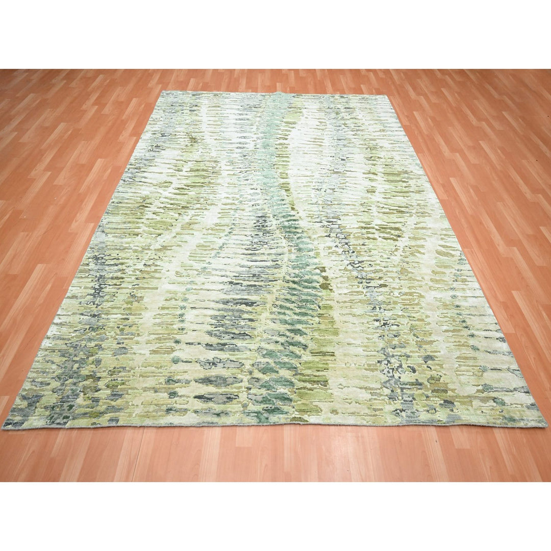 8'0" x 9'10" New Hand Knotted Green Silk Rectangle Oriental Rug - MOA10275725