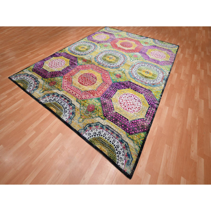 9'0" x 11'10" New Hand Knotted Yellow Wool & Silk Rectangle Oriental Rug - MOA10275726