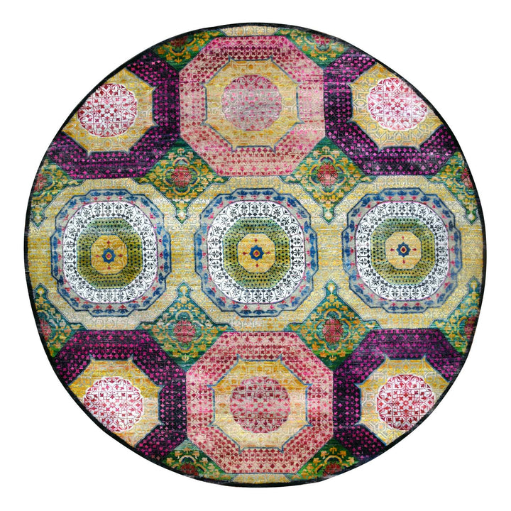 9'10" x 9'10" New Hand Knotted Yellow Wool & Silk Round Oriental Rug - MOA10275727