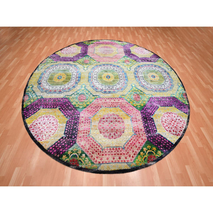 9'10" x 9'10" New Hand Knotted Yellow Wool & Silk Round Oriental Rug - MOA10275727