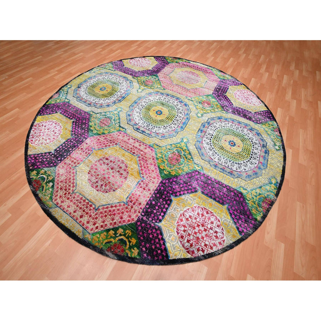 9'10" x 9'10" New Hand Knotted Yellow Wool & Silk Round Oriental Rug - MOA10275727