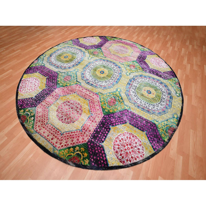 9'10" x 9'10" New Hand Knotted Yellow Wool & Silk Round Oriental Rug - MOA10275727
