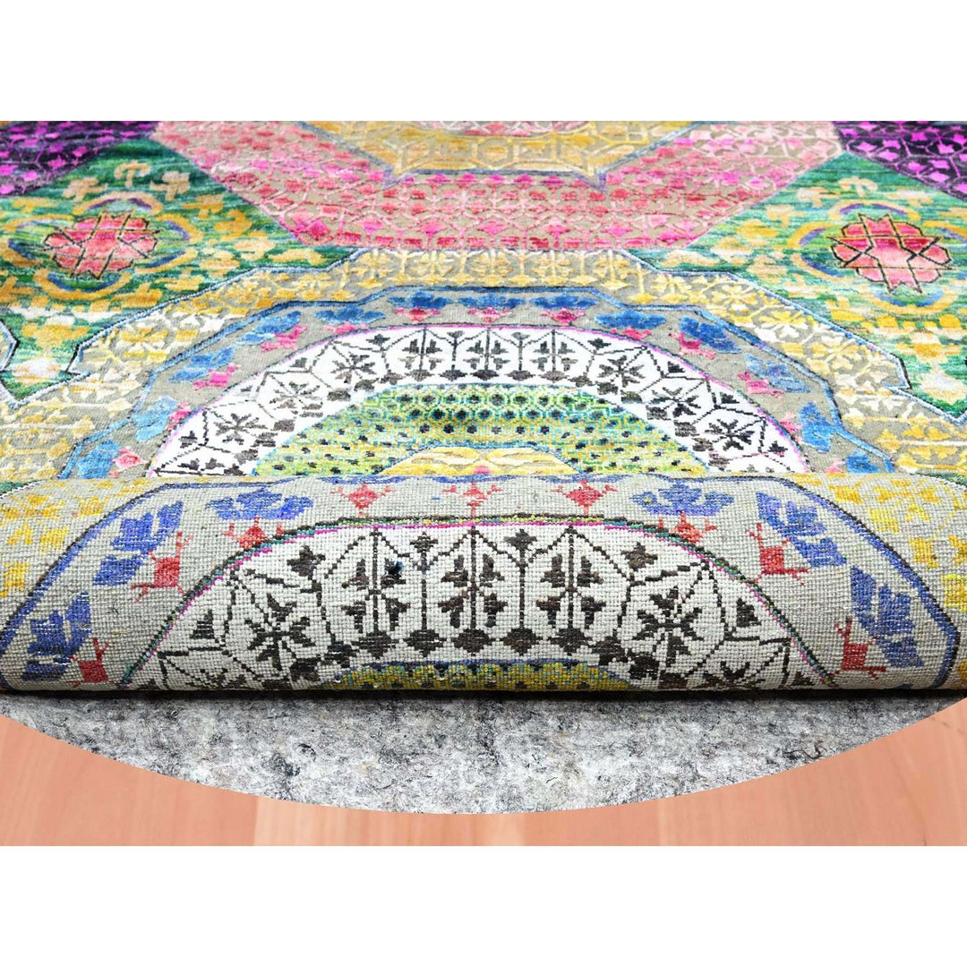 9'10" x 9'10" New Hand Knotted Yellow Wool & Silk Round Oriental Rug - MOA10275727