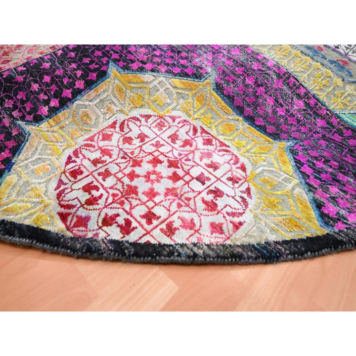 9'10" x 9'10" New Hand Knotted Yellow Wool & Silk Round Oriental Rug - MOA10275727