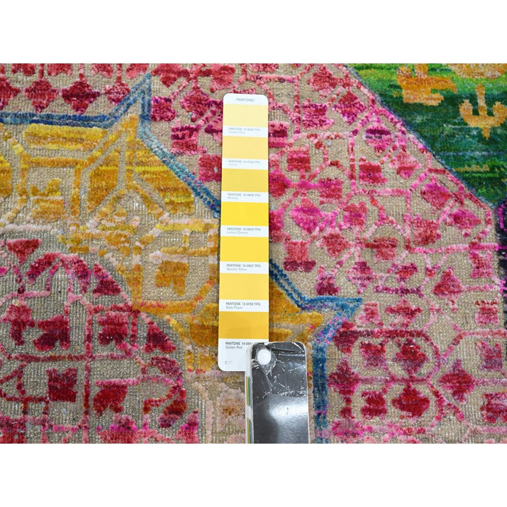 9'10" x 9'10" New Hand Knotted Yellow Wool & Silk Round Oriental Rug - MOA10275727