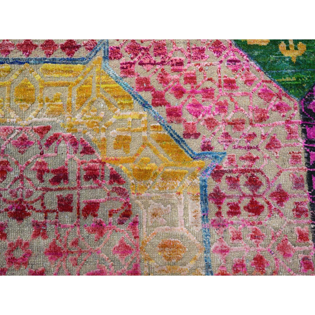 9'10" x 9'10" New Hand Knotted Yellow Wool & Silk Round Oriental Rug - MOA10275727