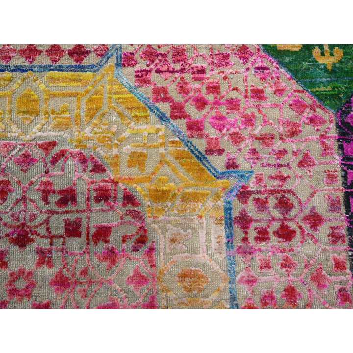 9'10" x 9'10" New Hand Knotted Yellow Wool & Silk Round Oriental Rug - MOA10275727