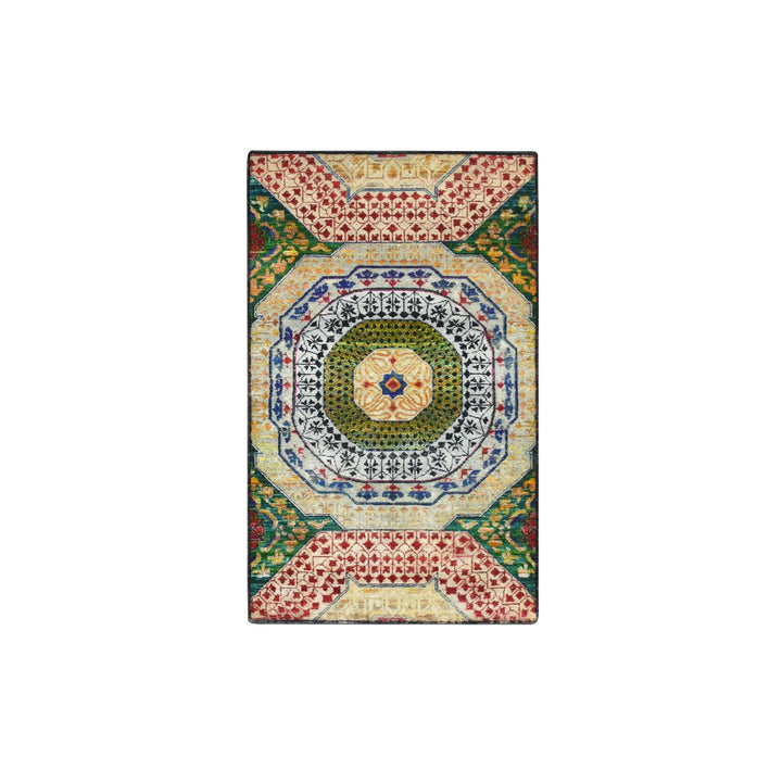 3'0" x 5'1" New Hand Knotted Yellow Wool & Silk Rectangle Oriental Rug - MOA10275728