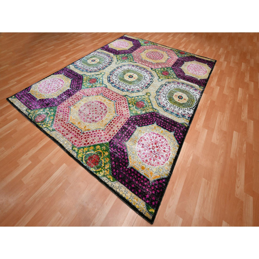 7'11" x 10'2" New Hand Knotted Yellow Wool & Sari Silk Rectangle Oriental Rug - MOA10275729