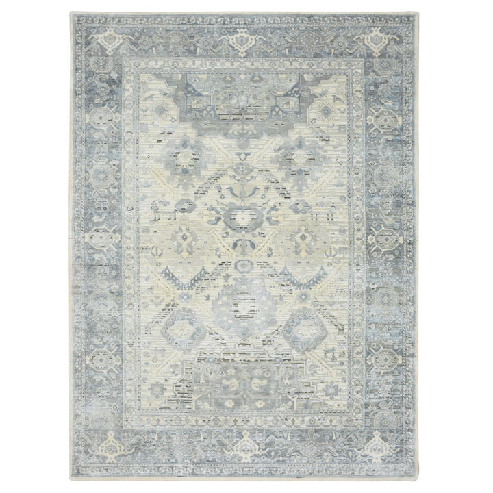 9'0" x 12'2" New Hand Knotted Grey Wool & Silk Rectangle Oriental Rug - MOA10275731