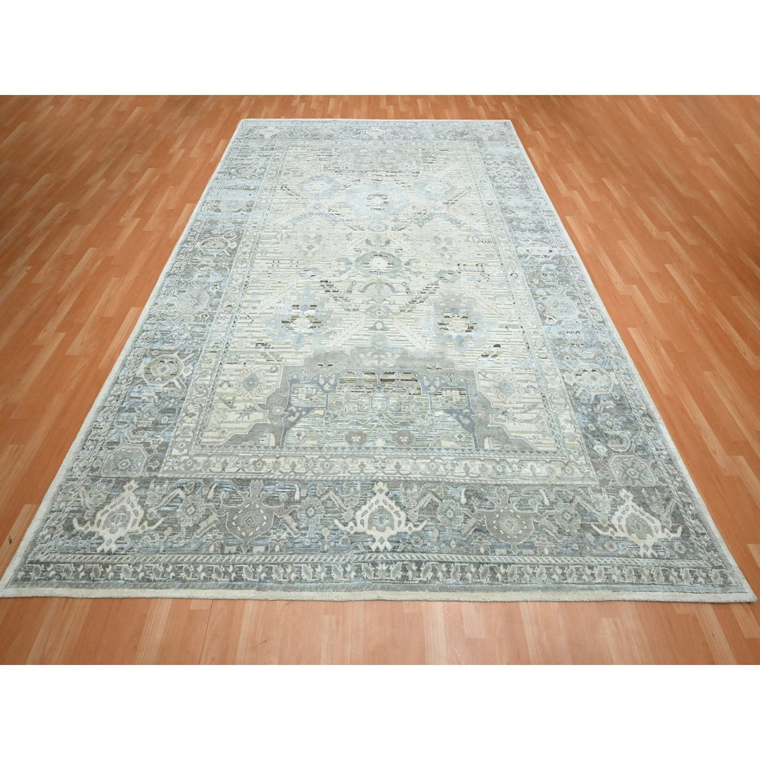 9'0" x 12'2" New Hand Knotted Grey Wool & Silk Rectangle Oriental Rug - MOA10275731