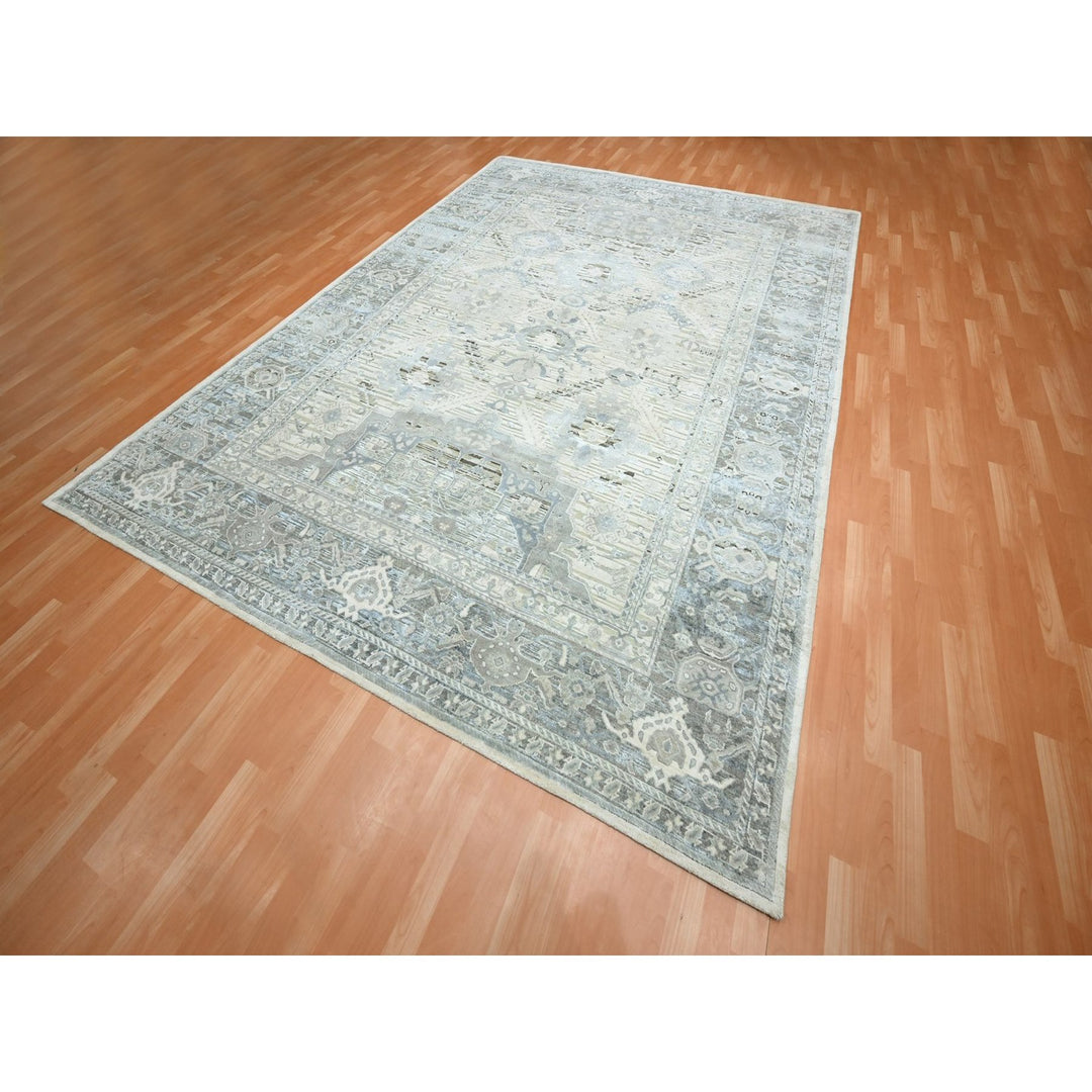 9'0" x 12'2" New Hand Knotted Grey Wool & Silk Rectangle Oriental Rug - MOA10275731