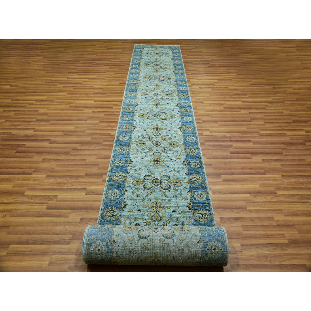 2'8" x 24'1" New Hand Knotted Blue Wool Runner Oriental Rug - MOA10276053