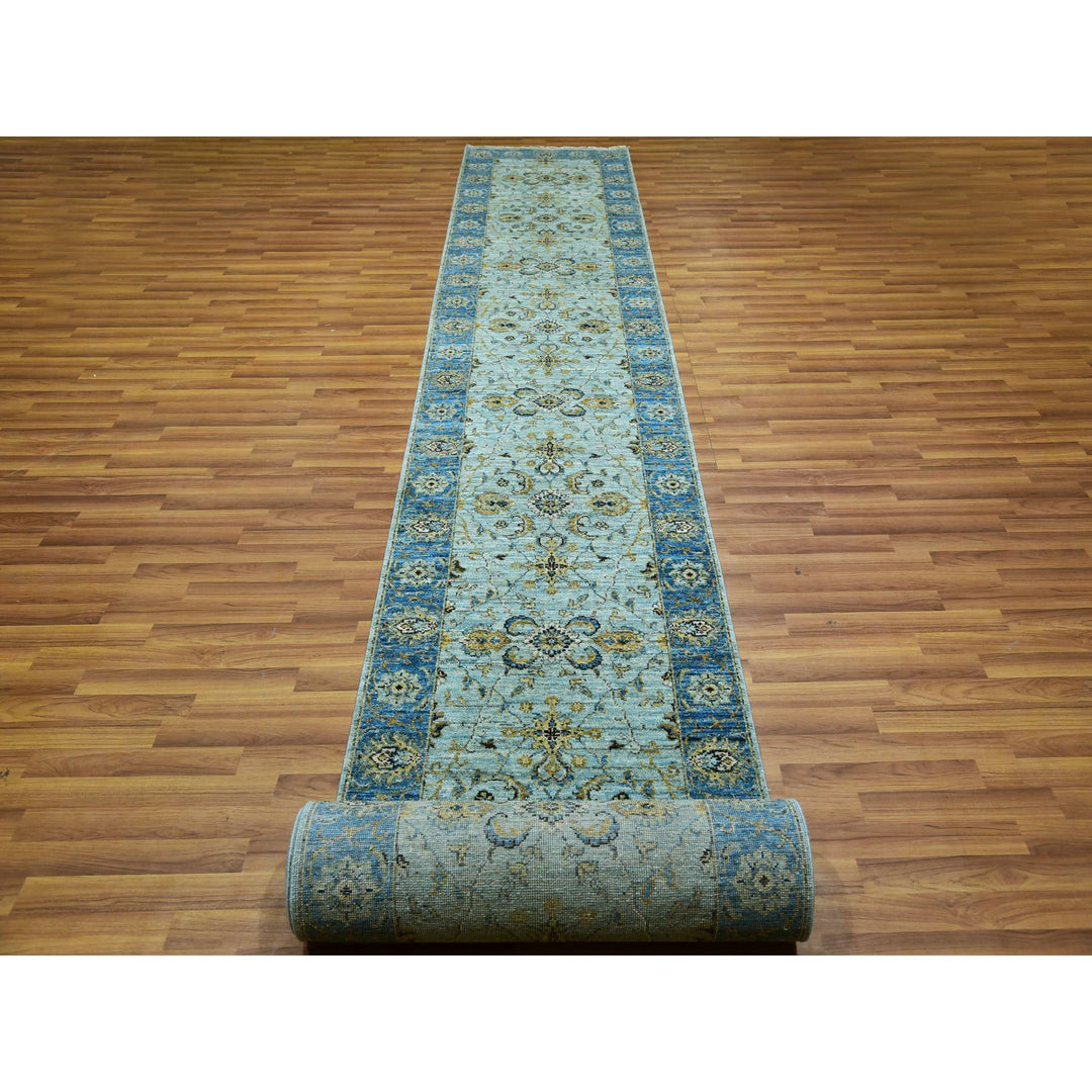 2'8" x 29'10" New Hand Knotted Blue Cotton Runner Oriental Rug - MOA10276054