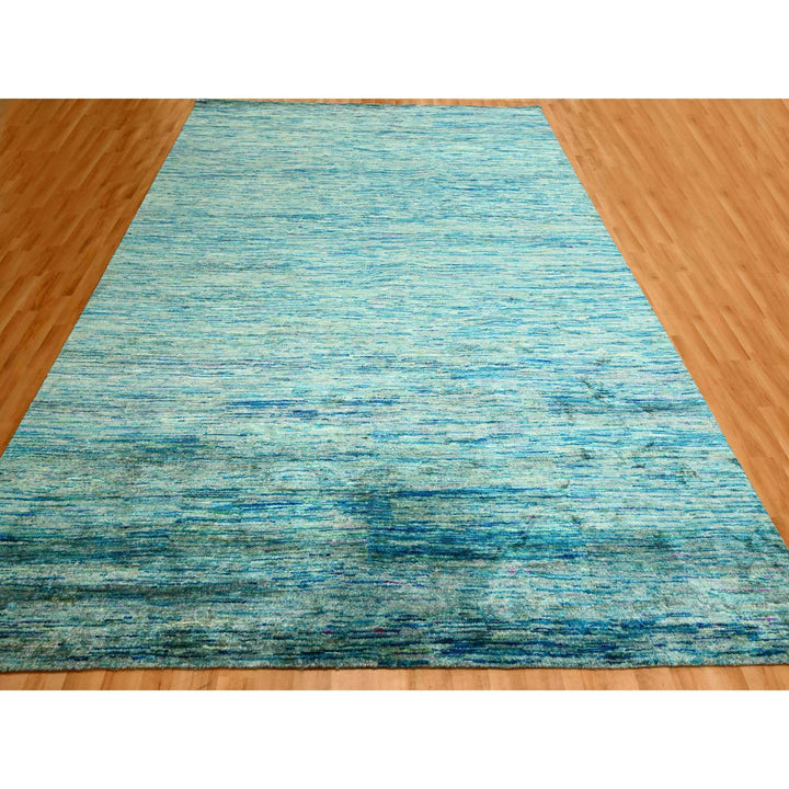 8'7" x 12'2" New Hand Knotted Blue Sari Silk Rectangle Oriental Rug - MOA10276074