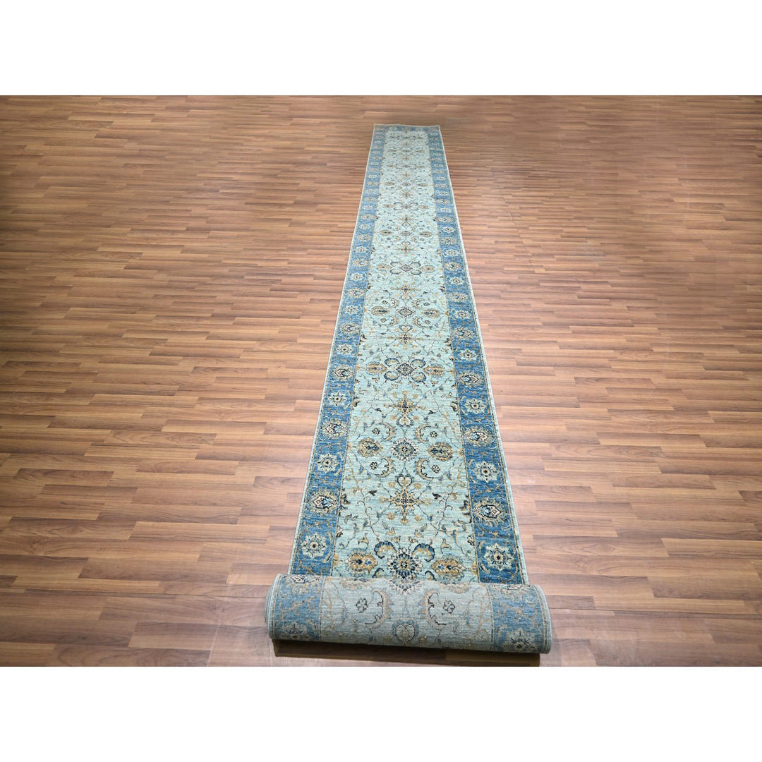 2'8" x 24'1" New Hand Knotted Blue Wool Runner Oriental Rug - MOA10276126