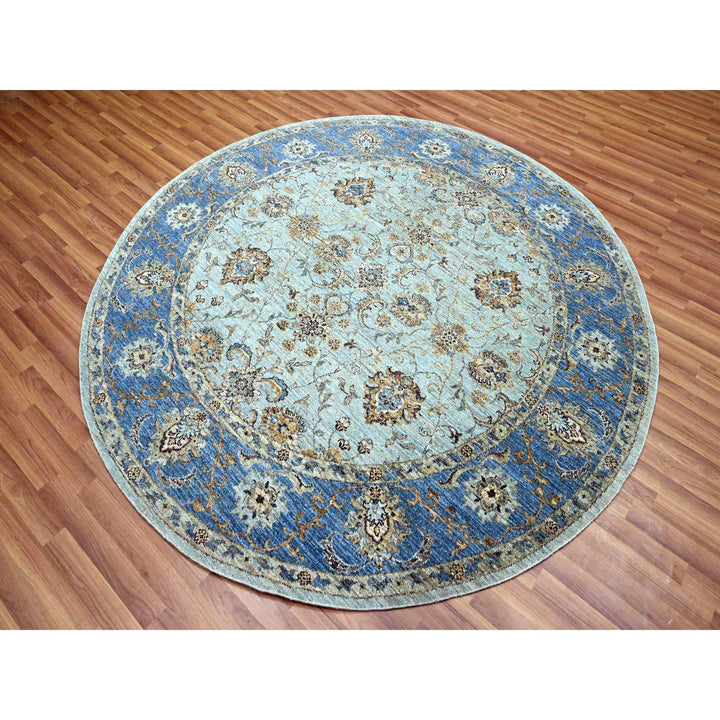 7'1" x 7'1" New Hand Knotted Blue Wool Round Oriental Rug - MOA10276144