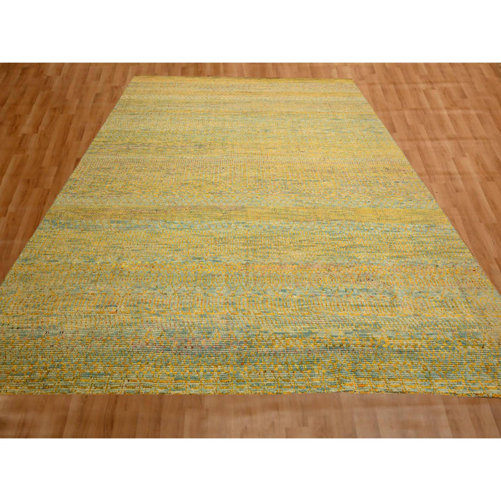 9'9" x 13'5" New Hand Knotted Yellow Wool & Sari Silk Rectangle Oriental Rug - MOA10276171