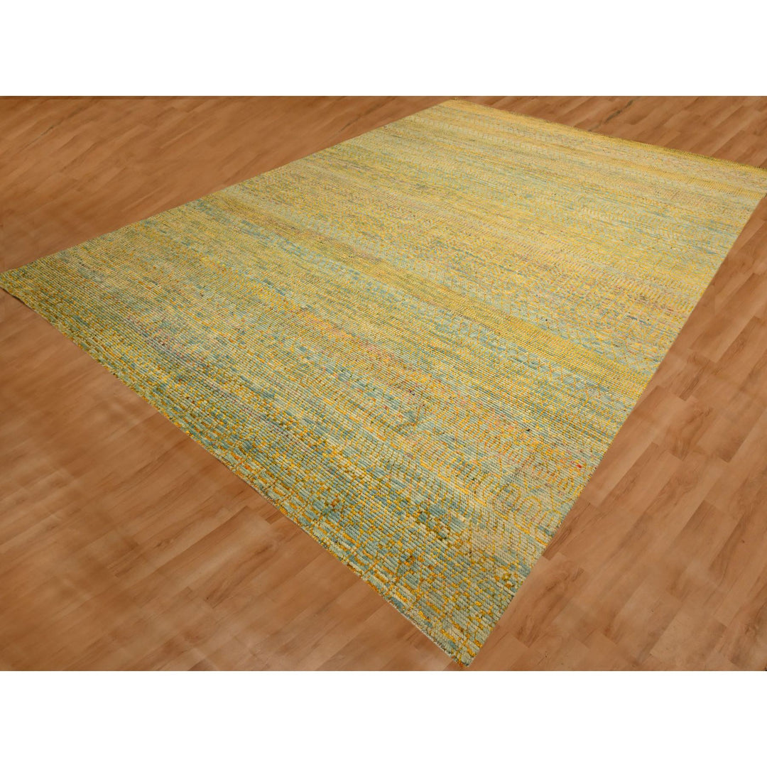 9'9" x 13'5" New Hand Knotted Yellow Wool & Sari Silk Rectangle Oriental Rug - MOA10276171