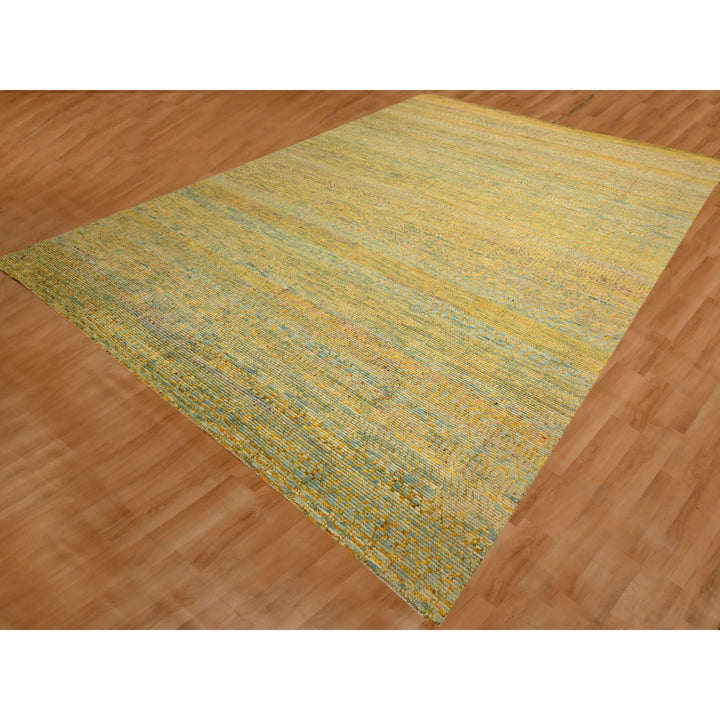 9'9" x 13'5" New Hand Knotted Yellow Wool & Sari Silk Rectangle Oriental Rug - MOA10276171