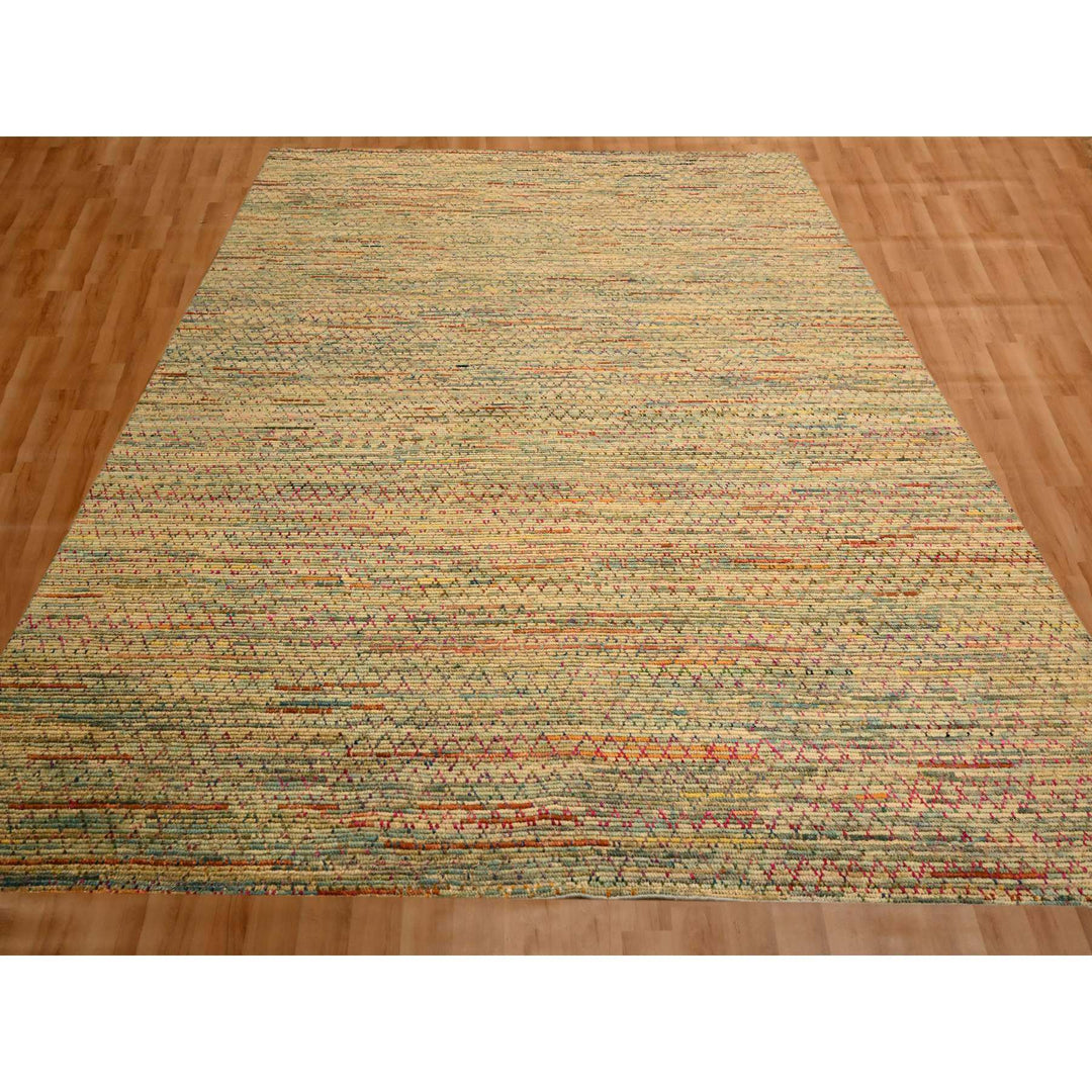 9'1" x 12'2" New Hand Knotted Beige Wool & Sari Silk Rectangle Oriental Rug - MOA10276173