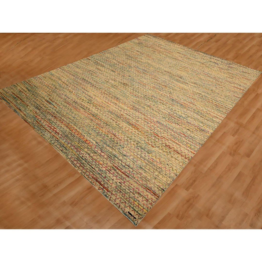 9'1" x 12'2" New Hand Knotted Beige Wool & Sari Silk Rectangle Oriental Rug - MOA10276173