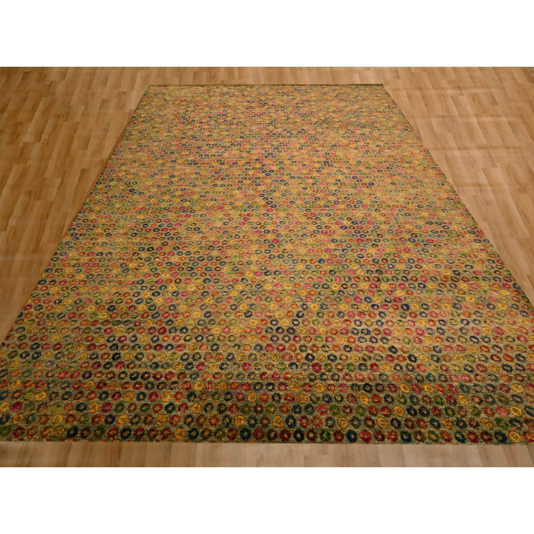 10'2" x 13'11" New Hand Knotted Yellow Wool & Sari Silk Rectangle Oriental Rug - MOA10276174