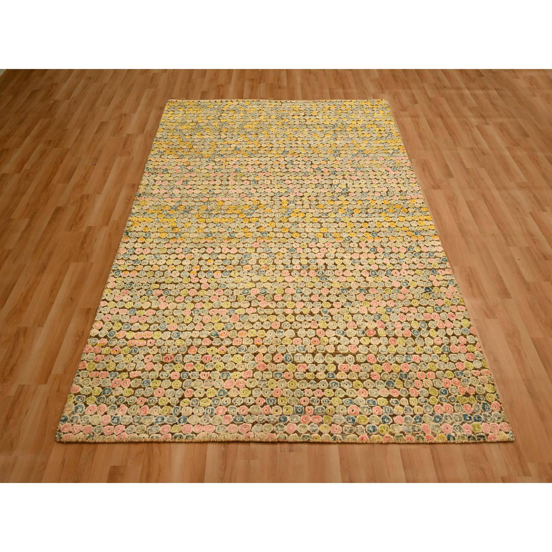 4'11" x 7'7" New Hand Knotted Yellow Sari Silk Rectangle Oriental Rug - MOA10276202