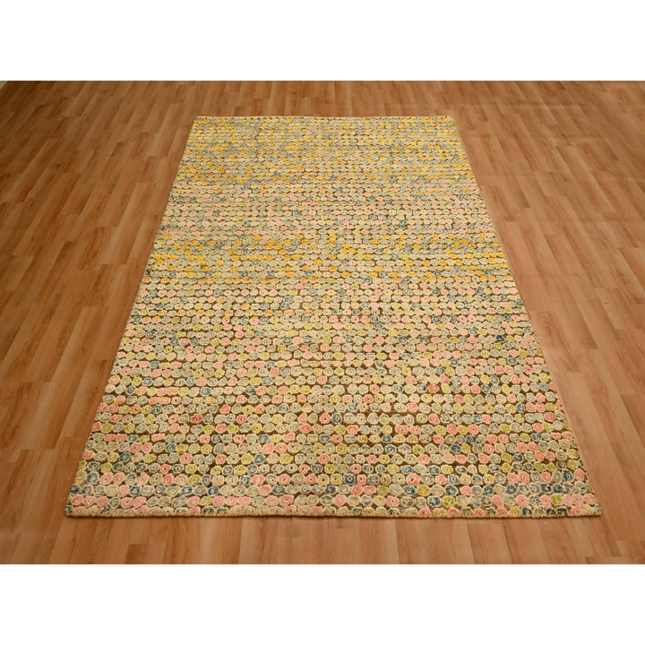 4'11" x 7'7" New Hand Knotted Yellow Sari Silk Rectangle Oriental Rug - MOA10276202