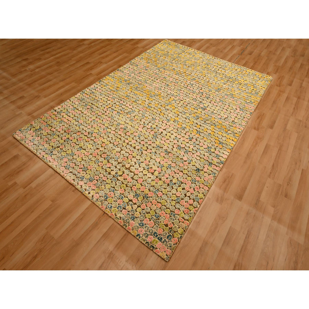 4'11" x 7'7" New Hand Knotted Yellow Sari Silk Rectangle Oriental Rug - MOA10276202