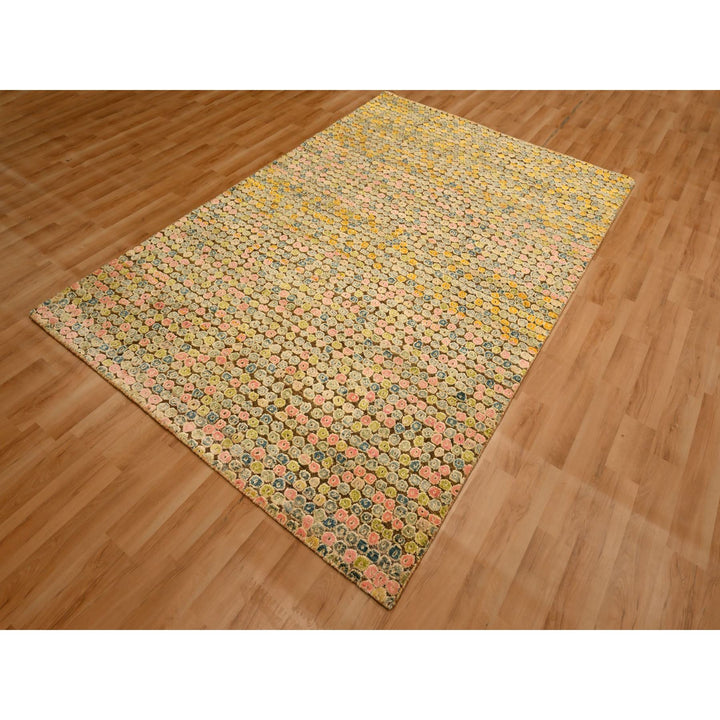 4'11" x 7'7" New Hand Knotted Yellow Sari Silk Rectangle Oriental Rug - MOA10276202