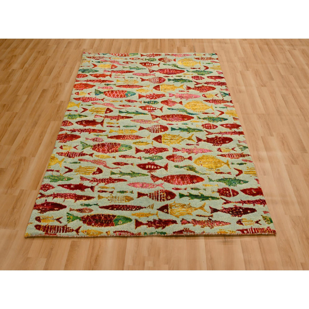 4'7" x 6'1" New Hand Knotted Red Wool & Sari Silk Rectangle Oriental Rug - MOA10276205