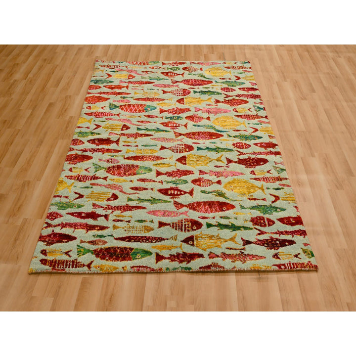 4'7" x 6'1" New Hand Knotted Red Wool & Sari Silk Rectangle Oriental Rug - MOA10276205
