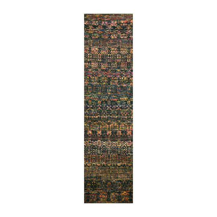 2'6" x 10'11" New Hand Knotted Black Wool & Sari Silk Runner Oriental Rug - MOA10276206