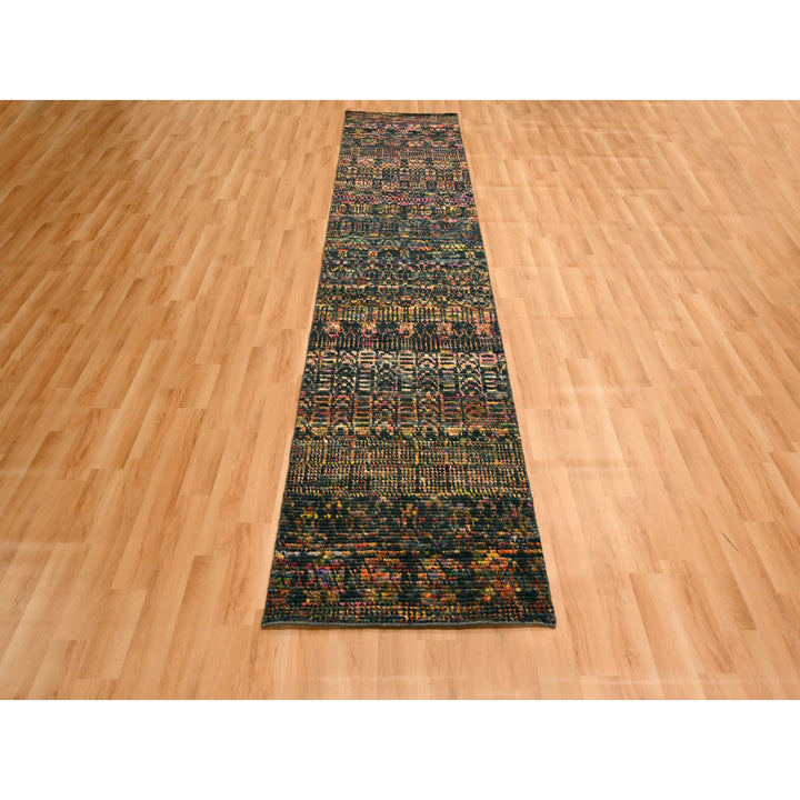2'6" x 10'11" New Hand Knotted Black Wool & Sari Silk Runner Oriental Rug - MOA10276206