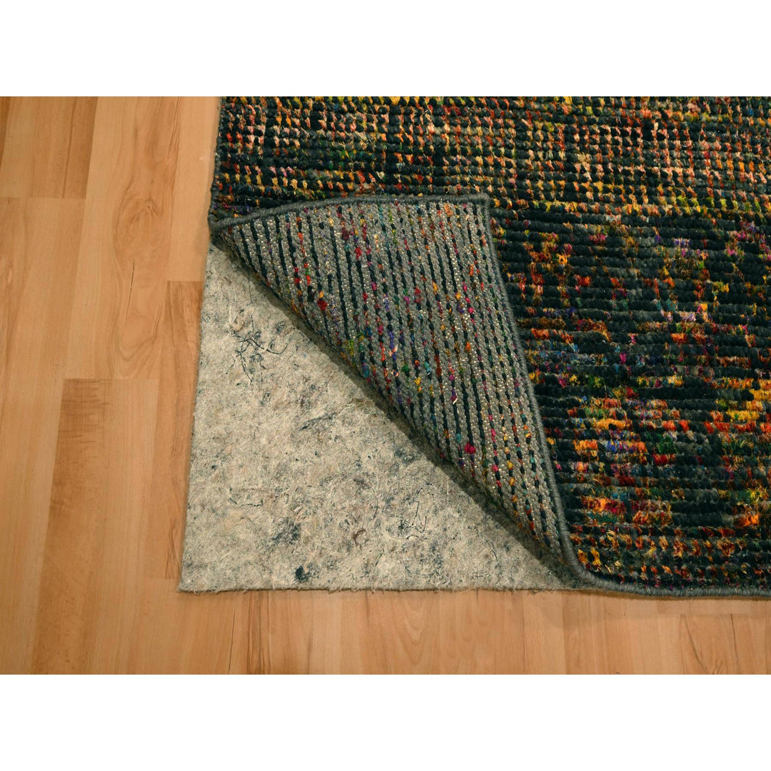 2'6" x 10'11" New Hand Knotted Black Wool & Sari Silk Runner Oriental Rug - MOA10276206