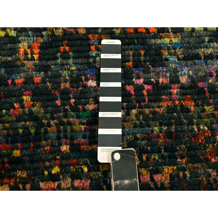 2'6" x 10'11" New Hand Knotted Black Wool & Sari Silk Runner Oriental Rug - MOA10276206