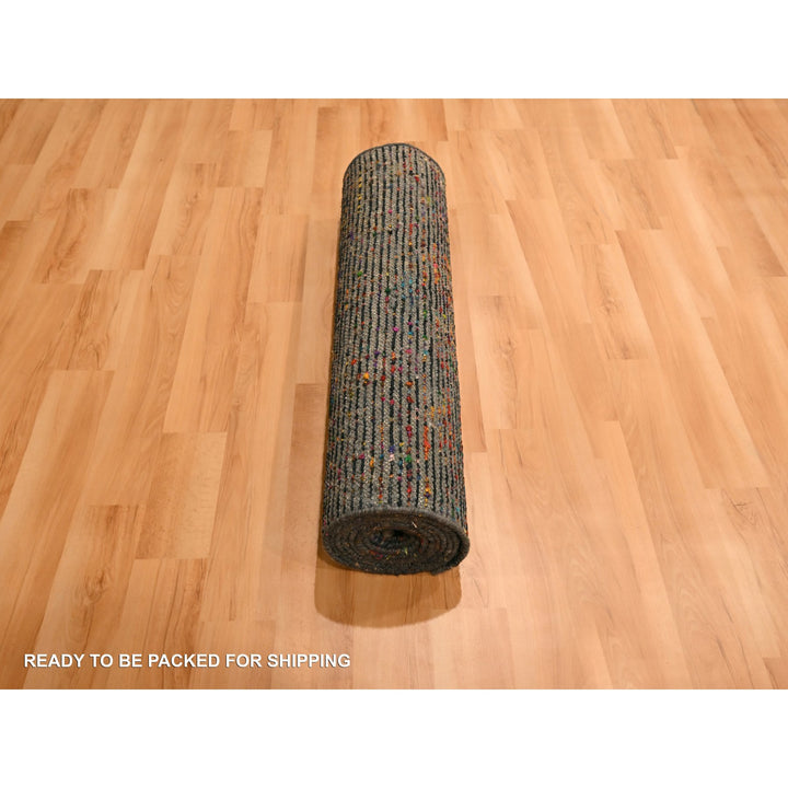 2'6" x 10'11" New Hand Knotted Black Wool & Sari Silk Runner Oriental Rug - MOA10276206