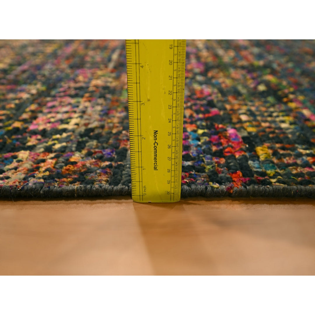 2'6" x 10'11" New Hand Knotted Black Wool & Sari Silk Runner Oriental Rug - MOA10276206