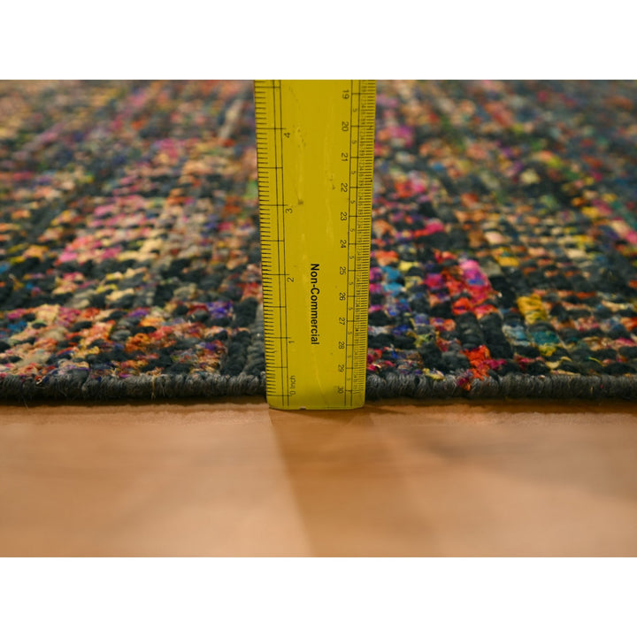 2'6" x 10'11" New Hand Knotted Black Wool & Sari Silk Runner Oriental Rug - MOA10276206