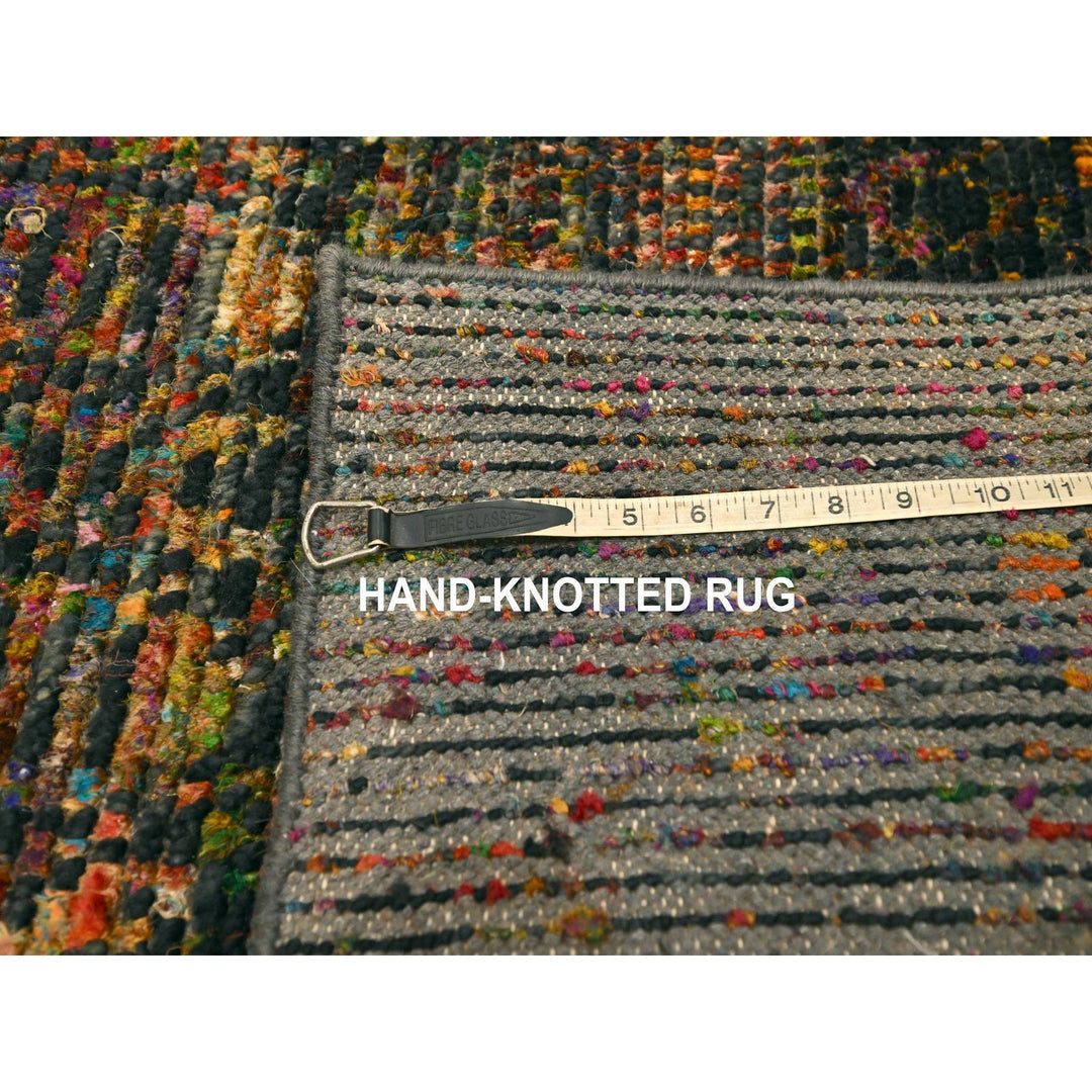 2'6" x 10'11" New Hand Knotted Black Wool & Sari Silk Runner Oriental Rug - MOA10276206