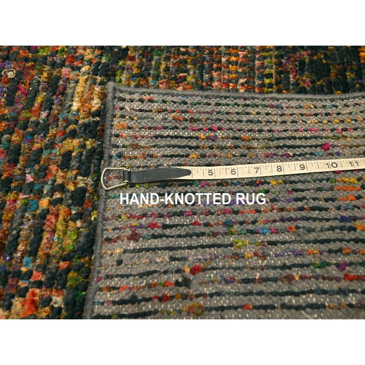 2'6" x 10'11" New Hand Knotted Black Wool & Sari Silk Runner Oriental Rug - MOA10276206