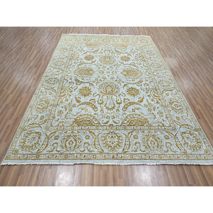 8'0" x 9'11" New Hand Knotted Blue Wool & Silk Rectangle Oriental Rug - MOA10276308