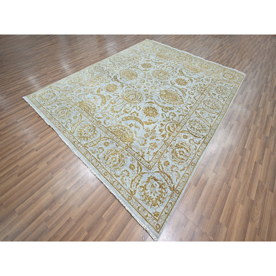 8'0" x 9'11" New Hand Knotted Blue Wool & Silk Rectangle Oriental Rug - MOA10276308