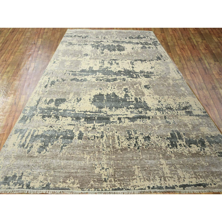 11'10" x 14'11" New Hand Knotted Grey Wool & Silk Rectangle Oriental Rug - MOA10276331