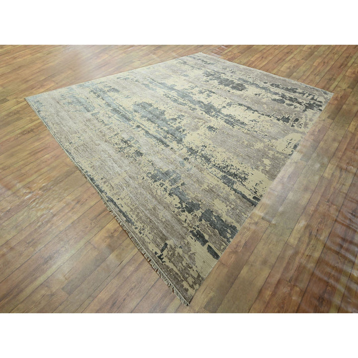 11'10" x 14'11" New Hand Knotted Grey Wool & Silk Rectangle Oriental Rug - MOA10276331