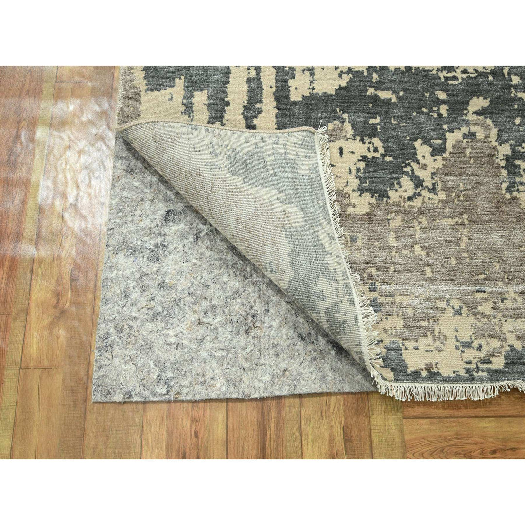 11'10" x 14'11" New Hand Knotted Grey Wool & Silk Rectangle Oriental Rug - MOA10276331