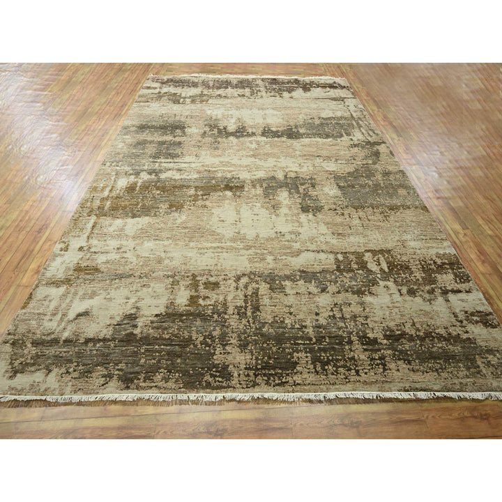 8'11" x 11'11" New Hand Knotted Beige Wool & Silk Rectangle Oriental Rug - MOA10276339