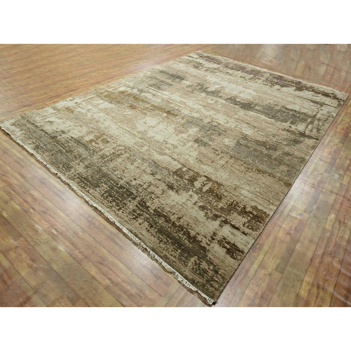 8'11" x 11'11" New Hand Knotted Beige Wool & Silk Rectangle Oriental Rug - MOA10276339